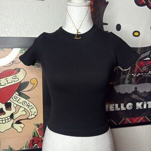 Black Ribbed Short Sleeve Top